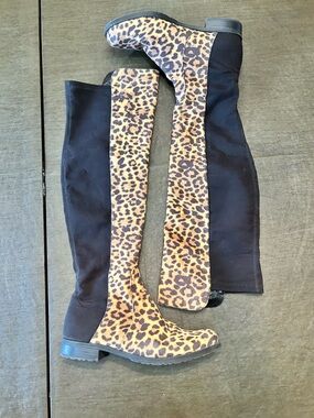 Unisa Leopard Print Over-the-Knee Boots with Black Stretch Back